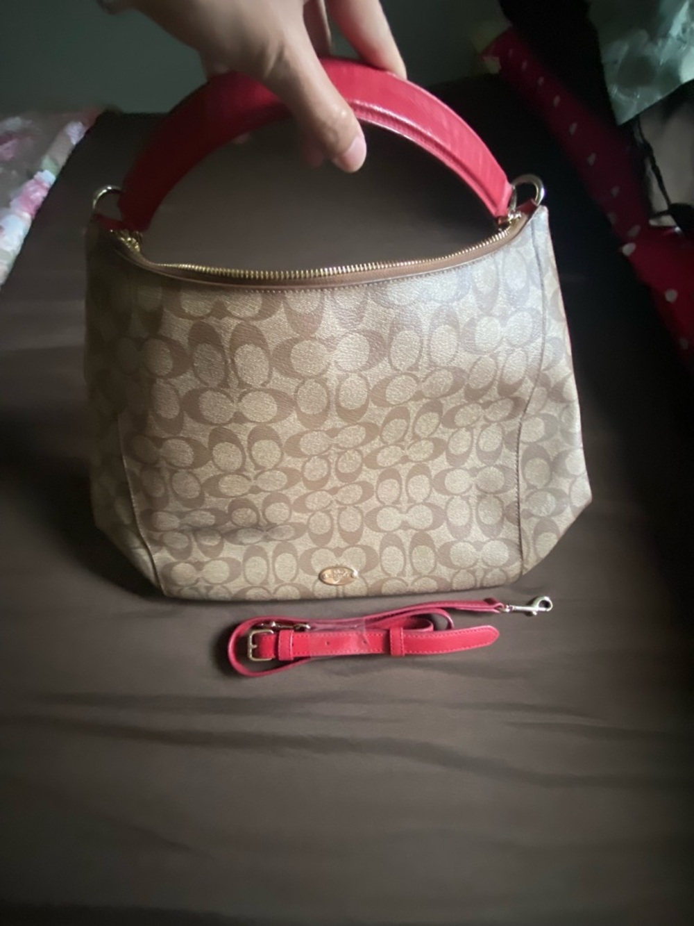 Coach Beige Signature Canvas Shoulder Bag with Red Leather Trim vintage